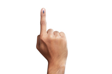 male Indian Voter Hand with a voting sign or ink pointing vote for India on background with copy...