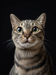 Fototapeta na wymiar Indoor photography closeup shot of a tabby cat with black clean background in super high definition