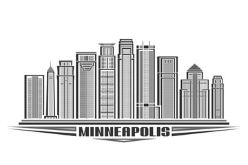 Vector illustration of Minneapolis, horizontal sign with linear design minneapolis city scape, american urban line art concept with decorative letters for black text minneapolis on white background