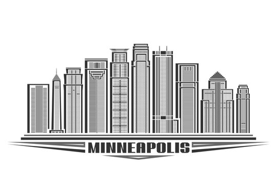 Vector illustration of Minneapolis, horizontal sign with linear design minneapolis city scape, american urban line art concept with decorative letters for black text minneapolis on white background