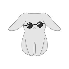 ずれたサングラスをかけている灰色のウサギ