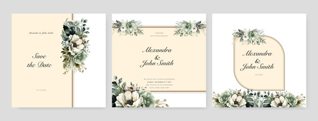 Fototapeta na wymiar White orchid flower flora vector flower wedding invitation template with aesthetic border watercolor