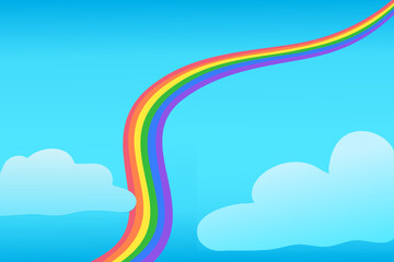 Rainbow and Clouds Blue Sky Background Colorful Weather Happy Welcome Spring Vacations Holidays Cartoon School Kindergarten Children Kid Education Gradient Curve Vector Illustration Copy Space
