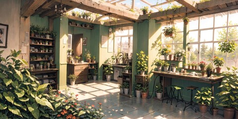 anime style background, game background, plants in greenhouse, store, garden, nursery, botanical, generative ai, generative, ai