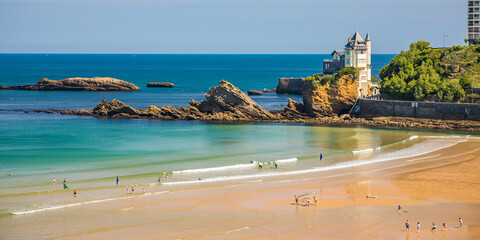 Panoramic view of the Cote des Basques beach in Biarritz, France on a summer day - obrazy, fototapety, plakaty