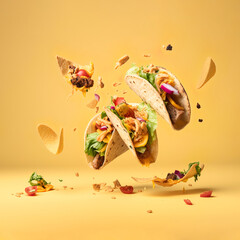 Delicious, juicy snacks, junk food like guilty pleasures, tacos filled with meat and salad. Fast food explosion. Illustration, Generative AI.