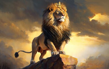 lion is the king of beasts, ion stands majestically on the rock, generative ai