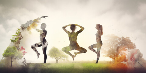 Multiple exposure concept of yoga relaxation and active lifestyle. Generative AI