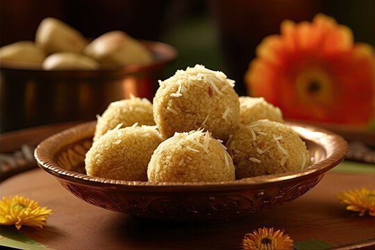 Several Laddu/ladoo in a bowl, Indian Holi Puja sweet dessert, Generative AI