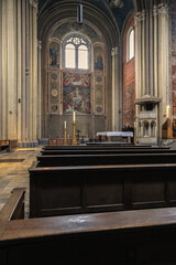 Monumental church building in Gothic in neo-romanesque arch style with large ceiling and altar...