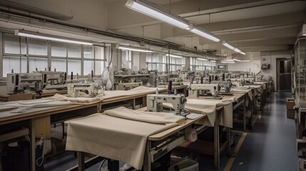 Industrial Design Sewing Workshop: Fabrics and Sewing Machines in an Ultrawide Photo. Generative AI Illustration - obrazy, fototapety, plakaty