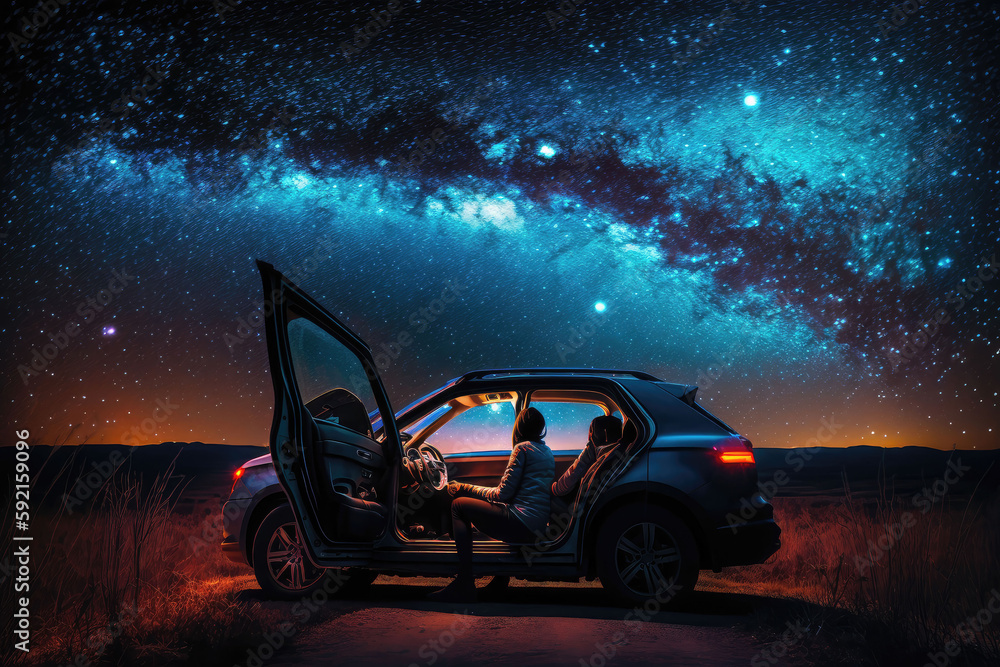 Poster A car then pretty under the stars, AI generated