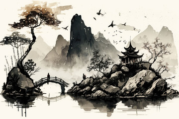 Chinese style ink painting with mountains and lake, AI generated - obrazy, fototapety, plakaty