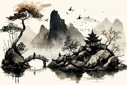 Chinese style ink painting with mountains and lake, AI generated