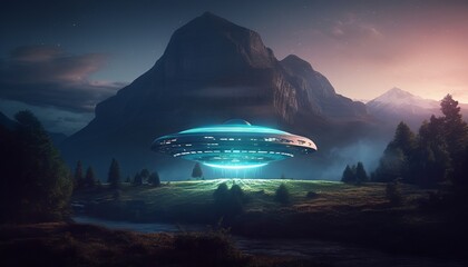 Fototapeta na wymiar image of an illuminated UFO spaceship hovering over a mountainous landscape. Generative ai