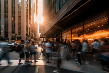 Fast moving crowd of people on a busy street with long exposure. Generative AI