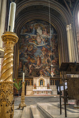 Monumental church building in Gothic in neo-romanesque arch style with large ceiling and altar...