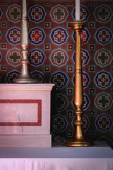 Monumental church building in Gothic in neo-romanesque arch style with large ceiling and altar murals and fresco, opulent detailed columns and marble structures