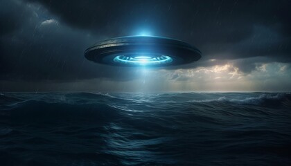 Fototapeta na wymiar image of an illuminated UFO spaceship hovering over a stormy ocean. Generative ai