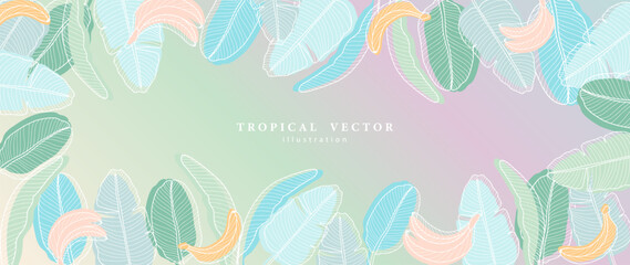 Fototapeta na wymiar Vector summer tropical gradient background with palm leaves, banana leaves and banana fruits. Background for text, photos, designs and presentations