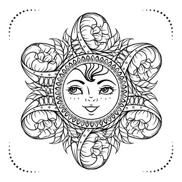 Black and white ornamental sun coloring page.