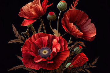 Red poppies on a dark background. Generative Ai