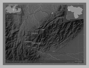 Tachira, Venezuela. Grayscale. Labelled points of cities