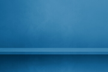 Empty shelf on a blue concrete wall. Background template. Horizontal mockup