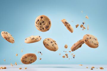 Fototapeta na wymiar Tasty snacks, junk food like guilty pleasures, sweet delicious chocolate chip cookies. Cookie explosion. Pastel blue background. Illustration, Generative AI.