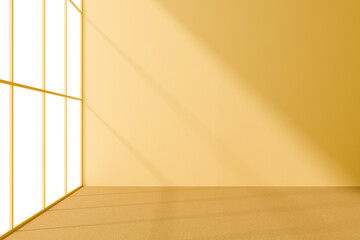 Yellow 3d background and natural lighting with empty wall and floor for products presentation. 3d illustation render.  