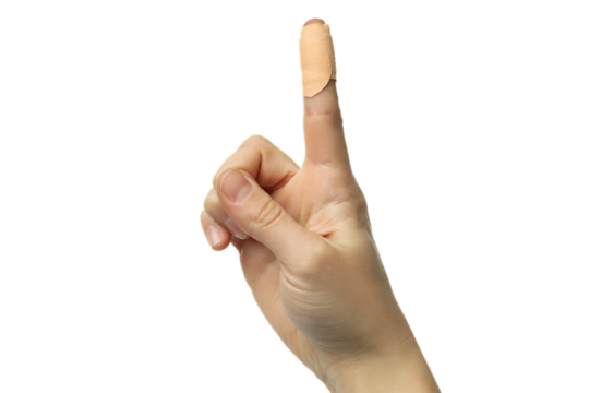 Hand with adhesive plaster on finger isolated on white background, PNG