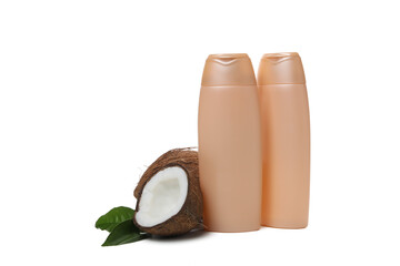 Shampoo bottles and coconut isolated on white background, PNG