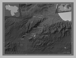 Yaracuy, Venezuela. Grayscale. Labelled points of cities