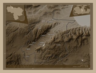 Yaracuy, Venezuela. Sepia. Labelled points of cities