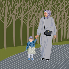 Muslim Arab woman and her child walking in the park, vector illustration. The concept of family and traditions.