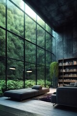 A luxury interior, room with lush green wall. Gen ai