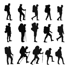 Set of vector silhouettes of mountaineers using backpacks.	
