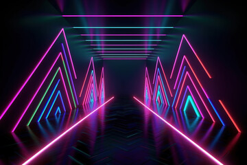 3d rendering, rounded colors neon lines, glowing in the dark. Abstract minimalist geometric background. Ultraviolet spectrum. Cyber space. Futuristic wallpaper, AI generated