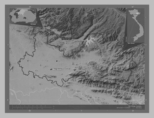 Bac Giang, Vietnam. Grayscale. Labelled points of cities