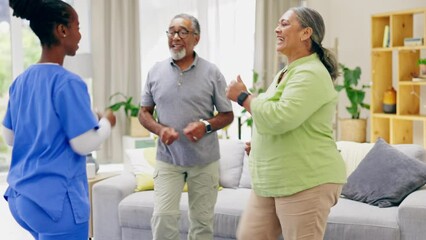 Rehabilitation, exercise and caregiver with senior couple for physical therapy, wellness and fitness. Retirement, healthcare and nurse with elderly man and woman for walking, cardio and physiotherapy - Powered by Adobe