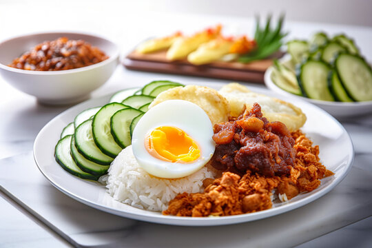 Food concept, a tasty high-calorie meal in a plate on a set table. Eggs, rice, cucumber and meat. Healthy calorie meal. Illustration, Generative AI.