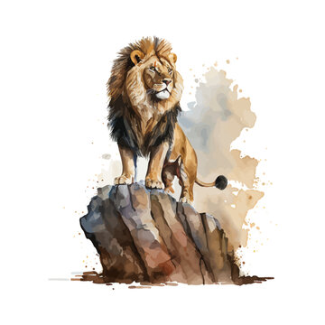 Watercolor a lion was standing on a rock