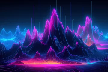 Poster Virtual world, 3d rendering, abstract virtual reality violet background, cyber space landscape with unreal mountains. Neon wireframe terrain, AI generated © Boghos
