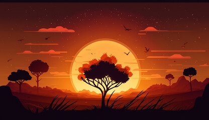 Sunny Evening: A Beautiful Sunset Scene with a Warm Color Palette and a Vibrant Sky. 3d rendering. Generative AI