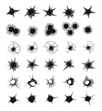 bullet marks. gunshot weapons impact marks. Vector template set