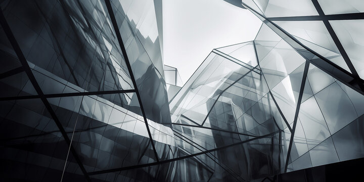 Multiple exposure of modern abstract glass architectural forms. Generative AI