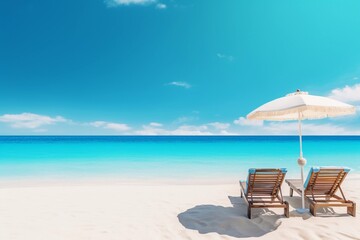 Obraz premium Beautiful beach banner. White sand, chairs and umbrella