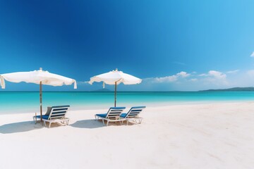 Beautiful beach banner. White sand, chairs and umbrella