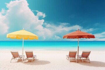 Beautiful beach banner. White sand, chairs and umbrella