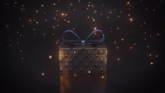 Fly in an opening luxury 3D gift box with gold pattern